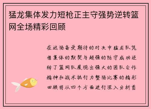 猛龙集体发力短枪正主守强势逆转篮网全场精彩回顾