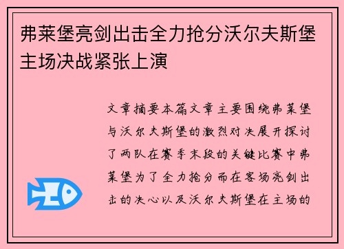 弗莱堡亮剑出击全力抢分沃尔夫斯堡主场决战紧张上演