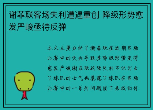 谢菲联客场失利遭遇重创 降级形势愈发严峻亟待反弹