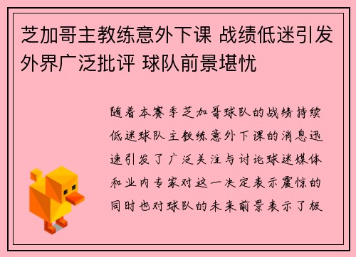 芝加哥主教练意外下课 战绩低迷引发外界广泛批评 球队前景堪忧